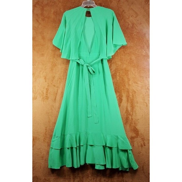 ALEXIS Midi Dress Womens Size 0 Green Cape Sleeve Tiered 100% Silk CATELINE - Picture 6 of 15